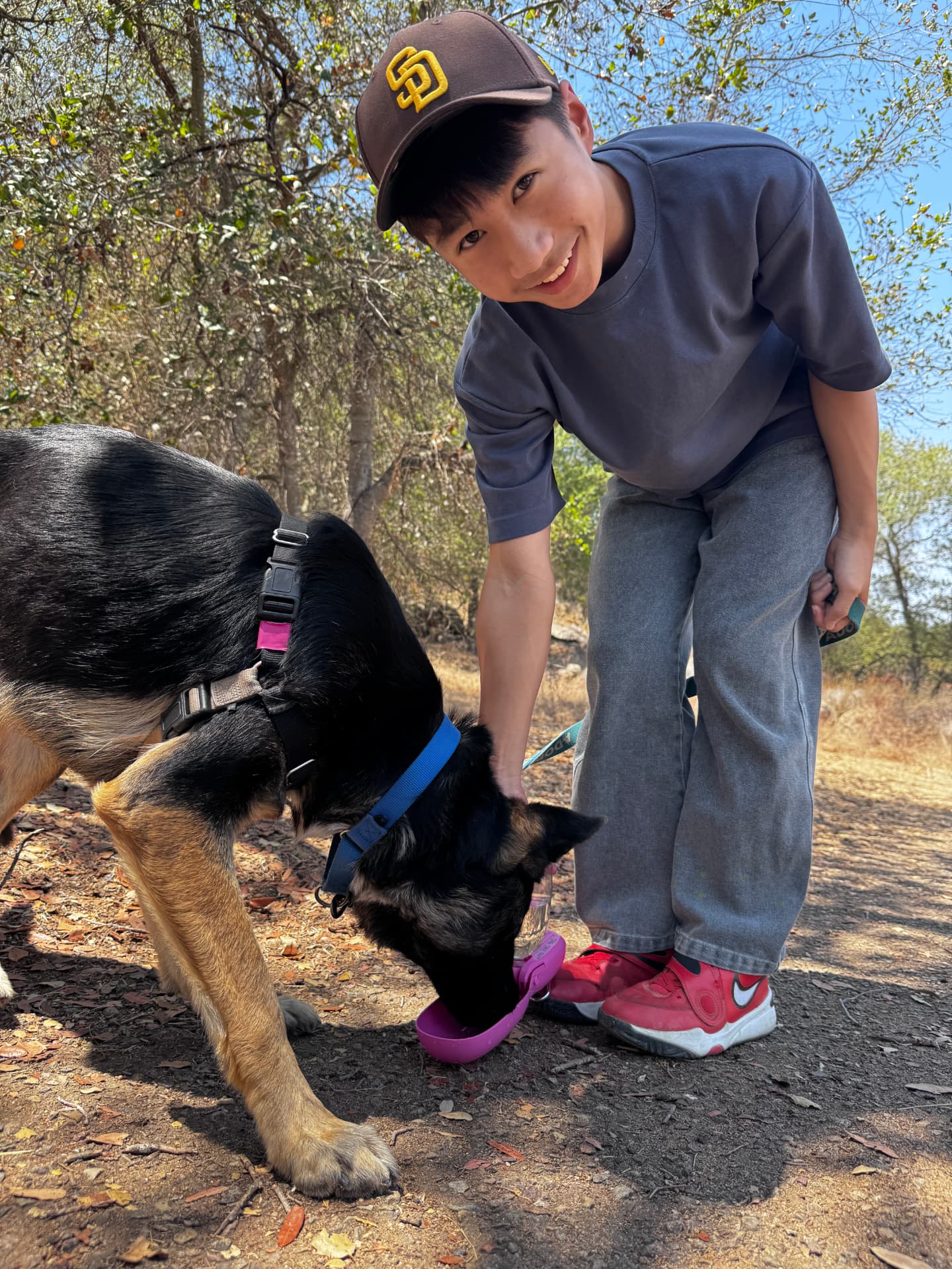 The founder giving water to a dog during a volunteer outing