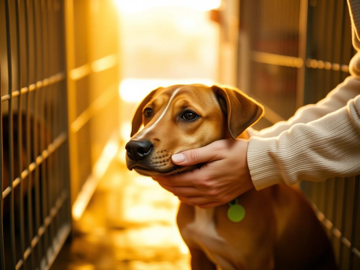 A volunteer gently petting a rescue dog at an animal shelter